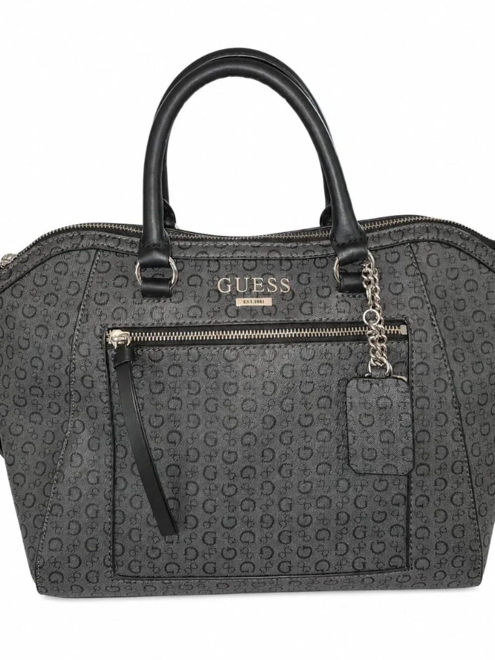 GUESS Satchel Shoulder Bag Gray Black Logo Print Dome Purse